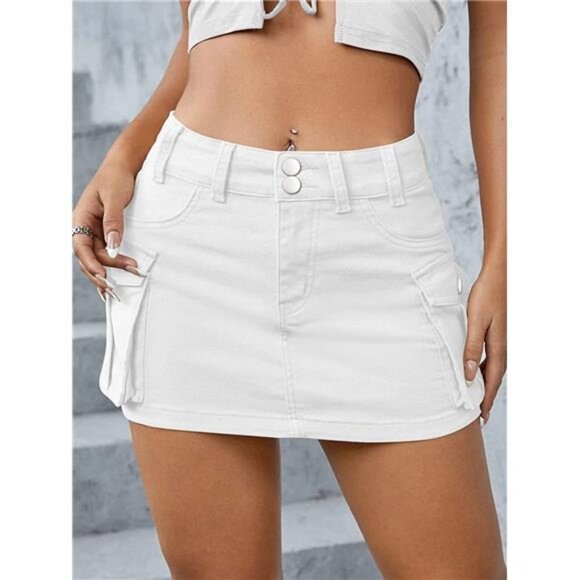 Y2K White Cargo Denim Mini Skirt Low Waist Extra Short Bodycon Skirt - Picture 1 of 6